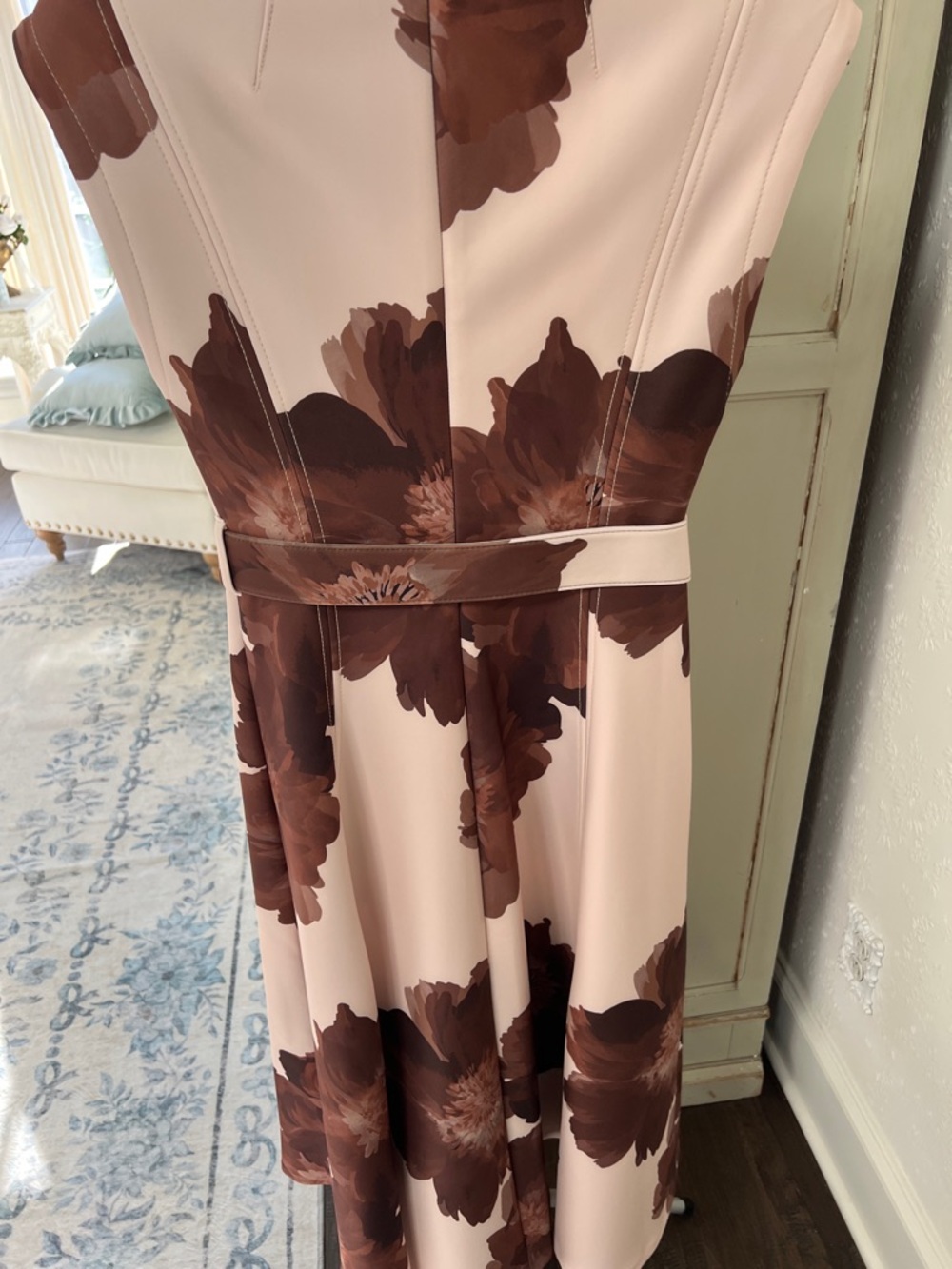 Calvin Klein Tan & Brown Floral Belted Scuba Sleeveless Midi Dress - Picture 7 of 10